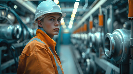 Aufkleber - A worker stands next to machinery in a factory. Generative AI.