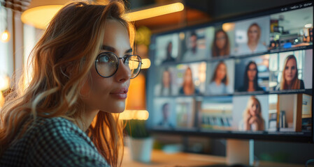 Poster - A woman sitting in front of her computer screen and interacting with other people on the screen in office. Generative AI.