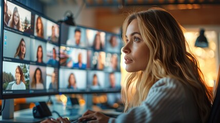 Poster - A woman sitting in front of her computer screen and interacting with other people on the screen in office. Generative AI.
