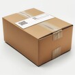 scatola di cartone imballata con etichette, pacco postale, sfondo bianco