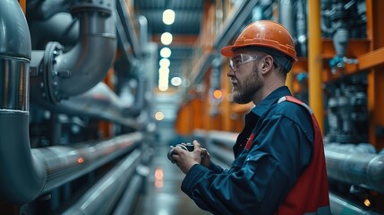 Poster - A plumber checking a pipe in an industrial building. Generative AI.