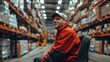 Forklift driver sitting in a forklift in the background of a supermarket warehouse. Generative AI.