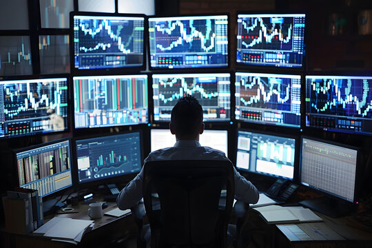 Back view of an accountant Sit and analyze stocks from multiple computer screens.