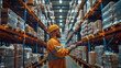 A large warehouse operator checking data at warehouse. Generative AI.