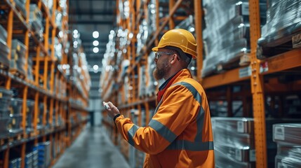 Aufkleber - A large warehouse operator checking data at warehouse. Generative AI.