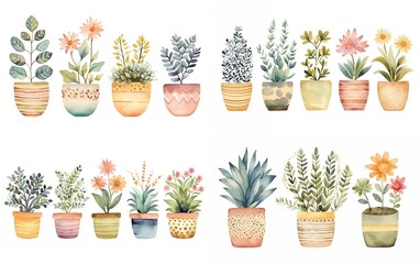 Wall Mural - watercolor painting style illustration of cute boho flower pot plants collection set isolated on white background, Generative Ai