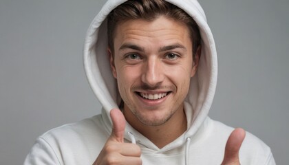 Wall Mural - A young adult male in a white hoodie gives a thumbs up with both hands, smiling at the camera. His expression is friendly and approachable.