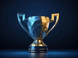Trophy cup form lines and triangles, point connecting network on blue background. 