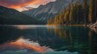 Serene mountain lake surrounded by pine trees and a colorful sunrise. Perfect for nature-themed blogs. 