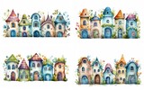 Fototapeta Uliczki - watercolor style illustration of fairytale village full of mushroom houses, flowers and trees in strip long clipart isolated on white background, collection set, Generative Ai