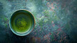 Green Japanese tea Top View Copy Space, Woman with cup of match tea and leaves at table, top view, Two cups of green tea with a teapot on a gray concrete background with copy space. Generative Ai 