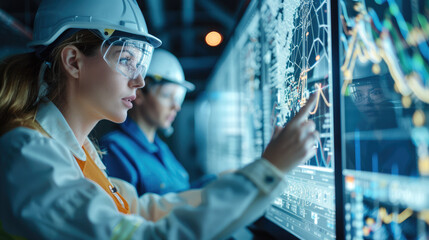 Fototapete - A male and female technician in high-visibility jackets analyze data on a digital interface in a network operations center. Generative AI.