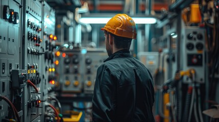 Fototapete - A man is urgently repairing the back of the distribution box. Generative AI.