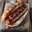 grilled sausage hotdog with baked beans served on a wooden cutting board. generative ai