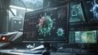 © Aleena - Digital image of monitor screen show virus against black background against blue background with vignette, Coronavirus outbreak and pandemic concept
