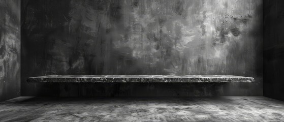 Poster - Room interior with concrete backdrop and floor cement shelf in gray color on white background with well edited montage displaying products and text.