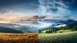 Beautiful panorama of mountains and meadows at sunset. Beauty in nature.