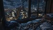 Animated image of a high-rise bedroom with plush bedding, open to a panoramic view of a city's twinkling lights under a starry sky. Cozy High-Rise Bedroom with Nighttime City View

