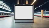 Fototapeta Przestrzenne - empty blank white digital sign billboard poster mockup in train station generative ai