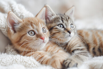 Wall Mural - Cute kittens are lying side by side and looking up. I feel soothed and grateful for the cute presence of cats.