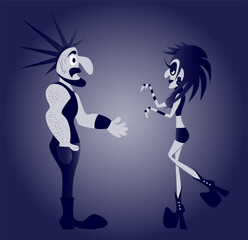 Funny man wearing black jacket invites a punk girl to dance. Punk rock people flat vector illustration isolated on bright background.