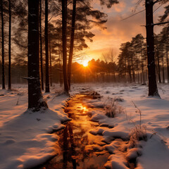 Wall Mural - winter forest with sun rays