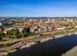 The drone aerial view of River Elbe and old town  of Dresden, Germany.