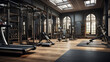 A gym interior that blends modern and traditional elements, combining contemporary equipment with antique accents.