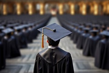 Graduate gazing at a sea of caps, marking a momentous day of achievement