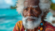 Portrait of a elderly black man with a very joyful expression, white hair and a full white beard, at a tropical beach wearing colorful clothes, Ai generated image