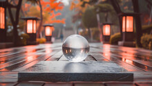 A Crystal Ball On A Rainy Park Walkway With Glowing Lanterns Amidst Autumn Foliage.