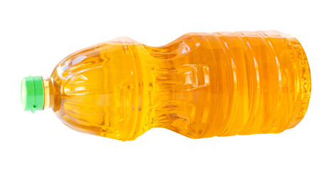 Yellow cooking palm oil or vegetable oil in lying medium transparent plastic bottle isolated with clipping path in png file format