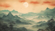 Mountain Peak Landscape. Watercolor Illustration Painting with Green and Yellow Sunset, Evoking an Asian Style Concept on Grunge Paper, Retro Vintage Art