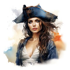 Wall Mural - Charismatic Pirate Lady Bold Watercolor Clipart of the Open Ocean