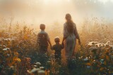 Fototapeta  - A mother leads her two young children through a misty autumn field, their colorful clothes blending with the vibrant flowers as they embrace the beauty of nature together