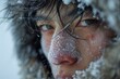 A chilly winter day has left its mark on this person's face, with snow clinging to their features as they brave the outdoor elements