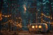A lone camper rests in the winter forest, their vehicle parked beneath the trees as the soft glow of lights illuminate the dark night