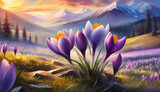 Fototapeta Kwiaty - Krokusy, fioletowe kwiaty wiosenne