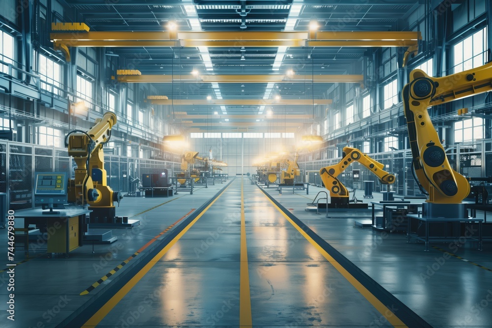 Transportation In Manufacturing Modern industrial factory with automated machinery and conveyor belts ...
