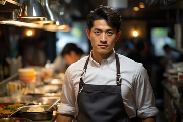 Wall Mural - Portrait of a confident young male chef with a welcoming smile in a bustling professional kitchen setting