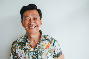 Wall Mural - Joyful Middle-Aged Man in Floral Shirt: Capturing the Essence of Lighthearted Summer Vibes and Positive Aging