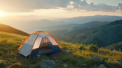 Wall Mural - Travel and camping adventure lifestyle with outdoor tent 	