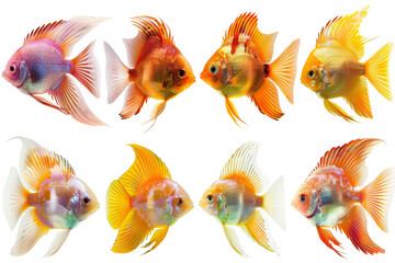 Collection of tropical ocean bright fish isolated on background, marine life with colorful fishes, aquarium underwater world concept.