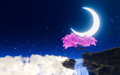 Wall Mural - The crescent moon glows brightly, blue in tone, in the dark blue sky. Stars twinkle in the sky. Big tree with bright pink flowers and leaves Falling at the waterfall cliff. 3D Rendering