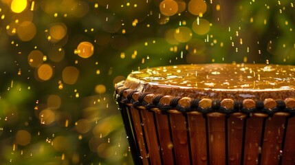 A djembe drum captures the gentle rhythm of nature as raindrops fall and create a tranquil pattern on its wooden surface, illuminated by a warm, golden light.