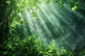 Wall Mural - Sun rays shining through forest
