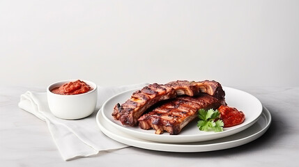 Wall Mural - Grilled pork ribs in Barbecue sauce on white plate top view, Image for Cafe and Restaurant Menus