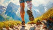 Trekking. Men's legs with sports shoes and a backpack run along a mountain path. Travel and camping adventure lifestyle with outdoor activity 