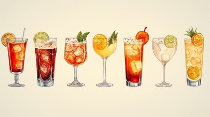 Set of different alcoholic cocktails. Alcoholic drinks in glasses with orange, lemon, grapefruit, cherryini, tequila sunrise and others. Cartoon style