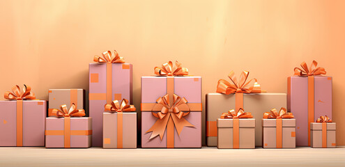 Wall Mural - Set of gift boxes with ribbons, arranged for holidays or sale and discount event.